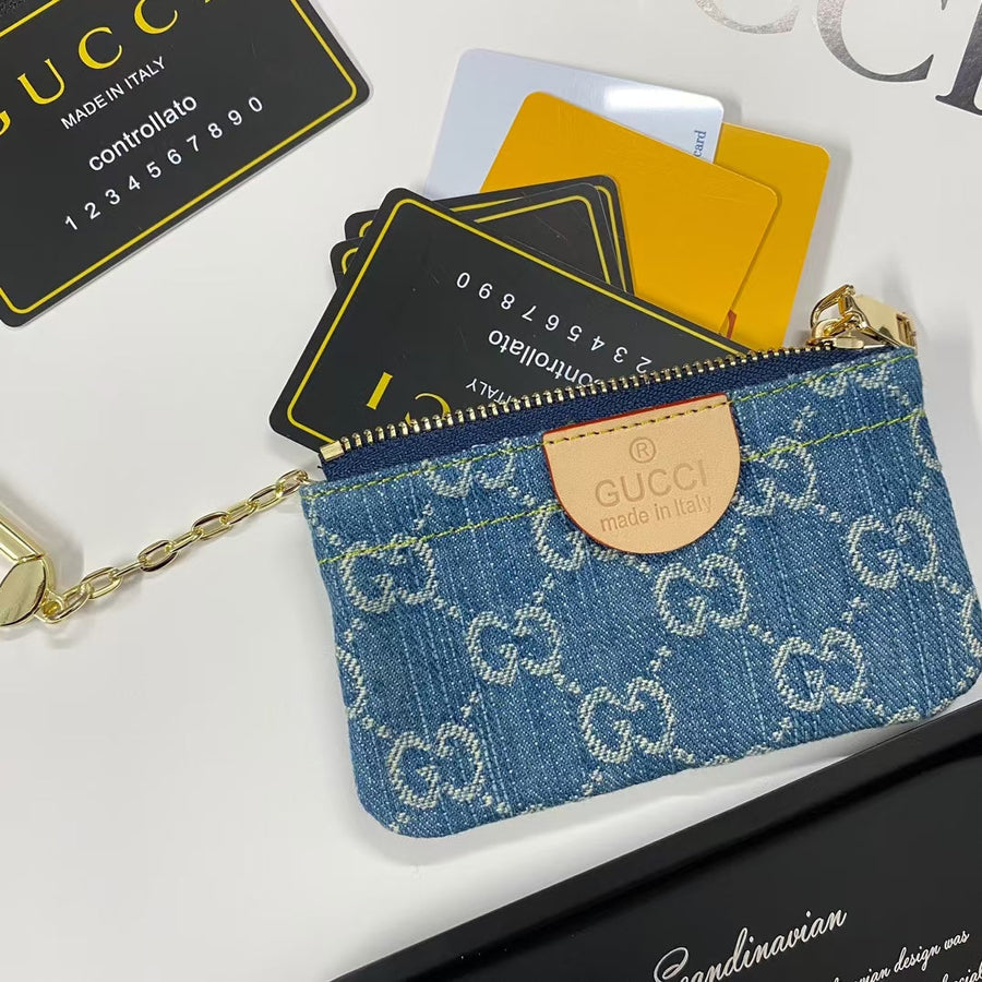 Denim Monogram Keychain Pouch Collection with Gold Clasps
