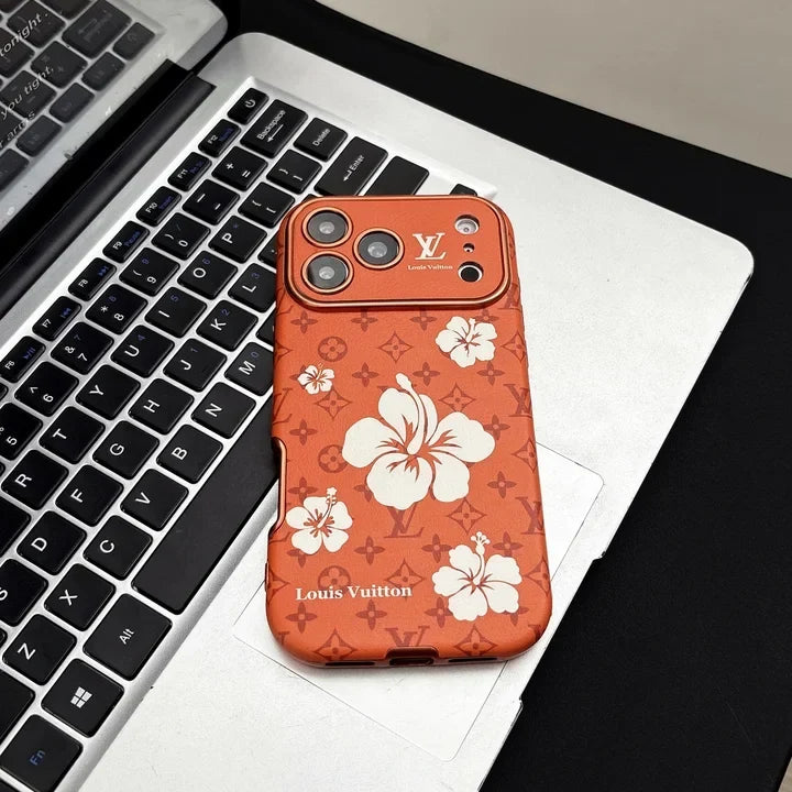 Orange Louis Vuitton Case Decorated with Beautiful Floral Patterns for iPhone 12-17 Series
