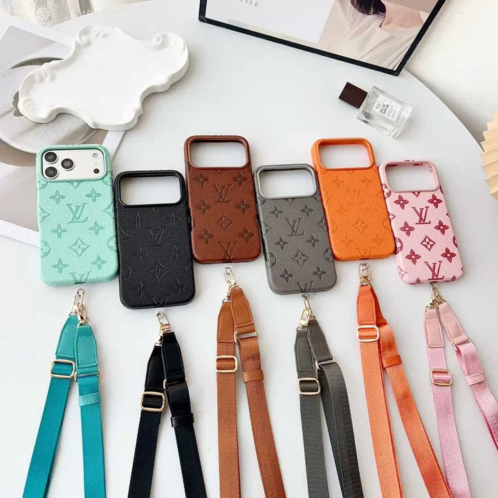 Elite Monogram Leather Case with Designer Crossbody Strap for iPhone 13-17 Series