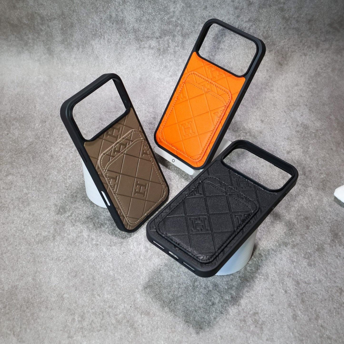 Stamped Leather H Phone Case With Card Holder For iPhone 17 / 16 / 15 / 14