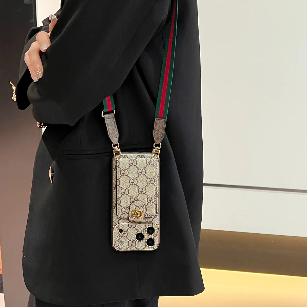 Classic GG Leather Card Wallet Case with Strap for iPhone 12-18