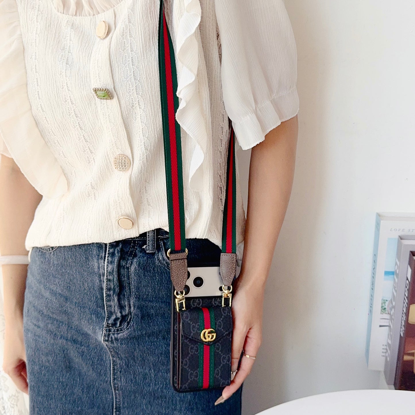 Classic Leather GG iPhone Case With Card Holder And Strap