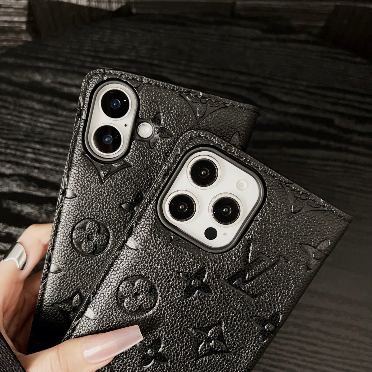 Premium Leather Folio Monogram Phone Case with Card Holder for iPhone 12-18 Pro & Pro Max