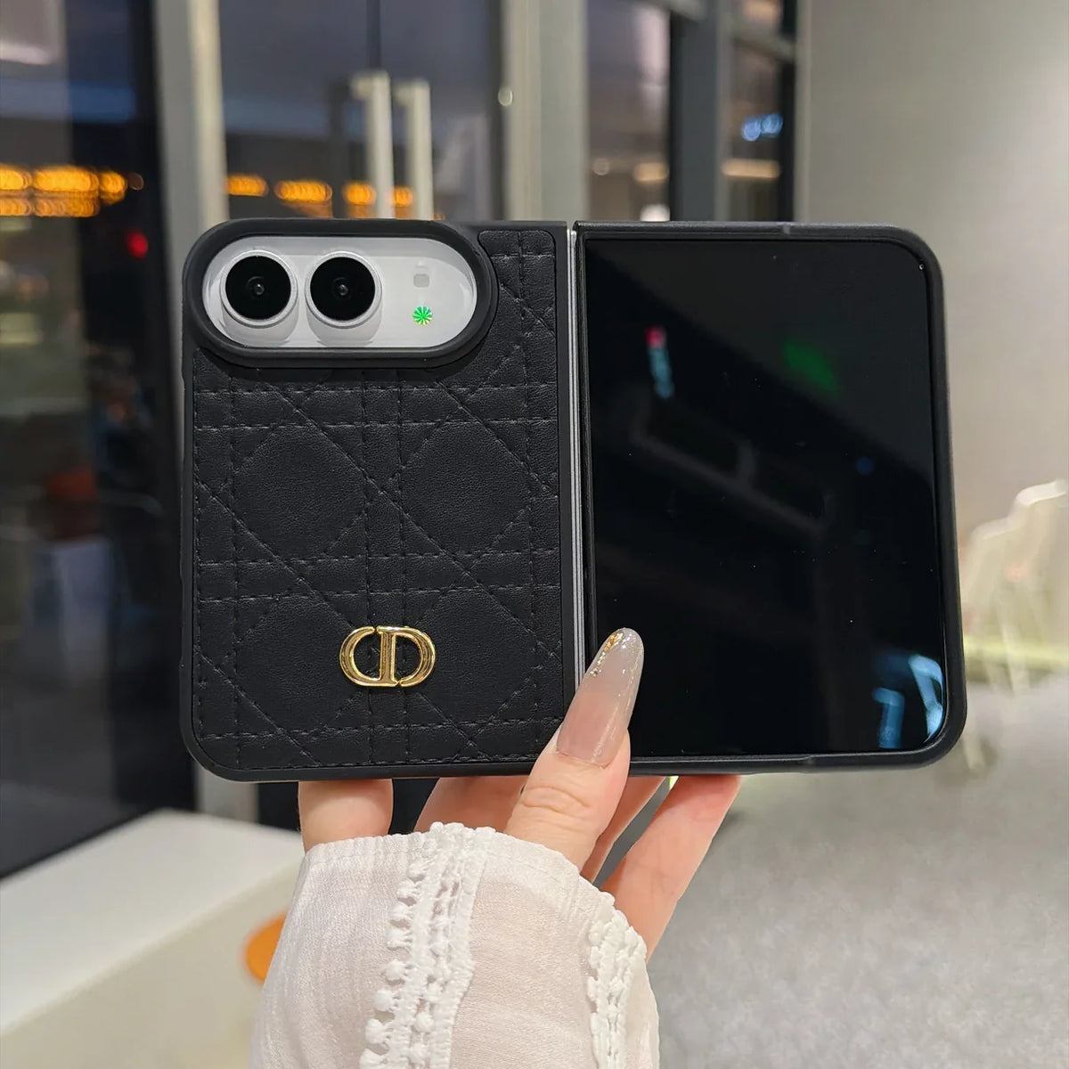 Luxury C Dior Quilted Leather Case with Gold Emblem for iPhone Duo