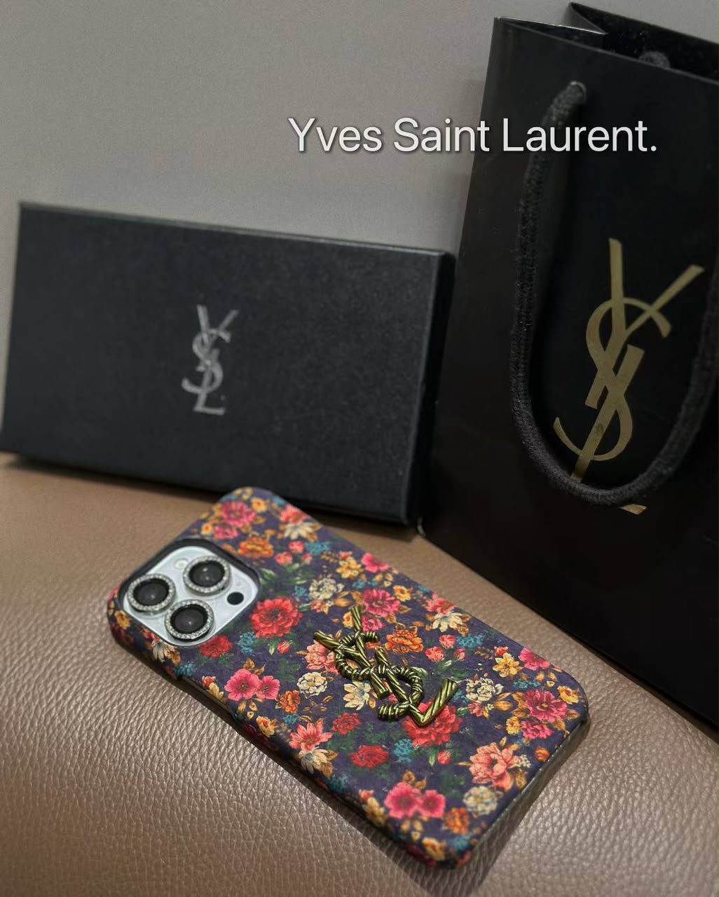 Luxury Vintage Floral Phone Case with Gold Twisted YSL Emblem for iPhone 12-18 Pro & Pro Max