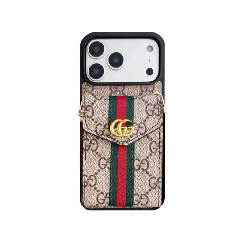 GG Classic Leather Card Holder Case with Strap for iPhone 12-18