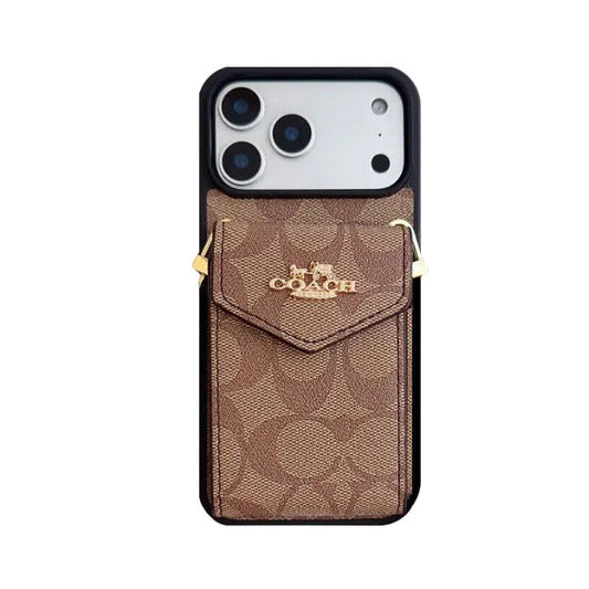 Leather Coach iPhone Case With Card Holder And Strap For iPhone 12-18 Series