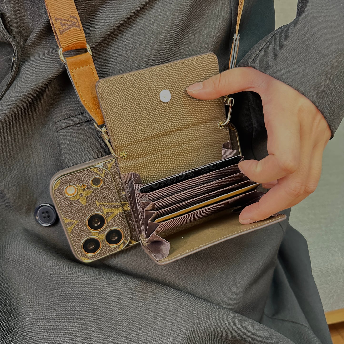 Refined Leather Monogram iPhone Case With Wallet And Crossbody