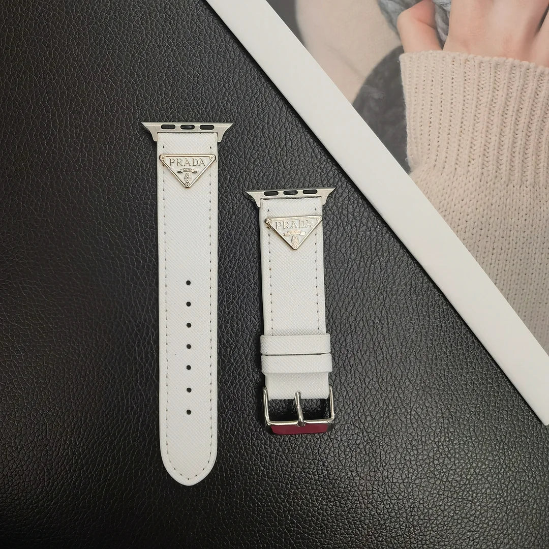 Double Triangle Monogram Label Leather Apple Watch Band Roxy New