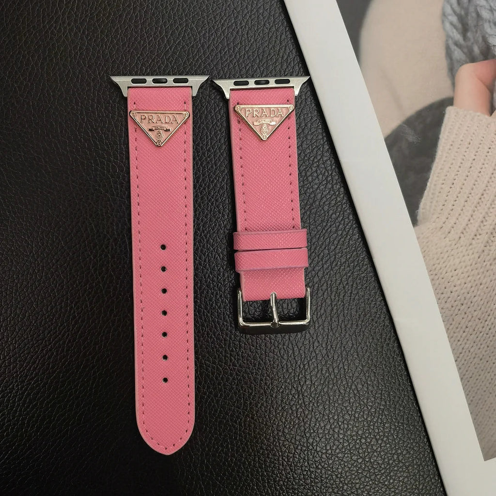 Double Triangle Monogram Label Leather Apple Watch Band Roxy New