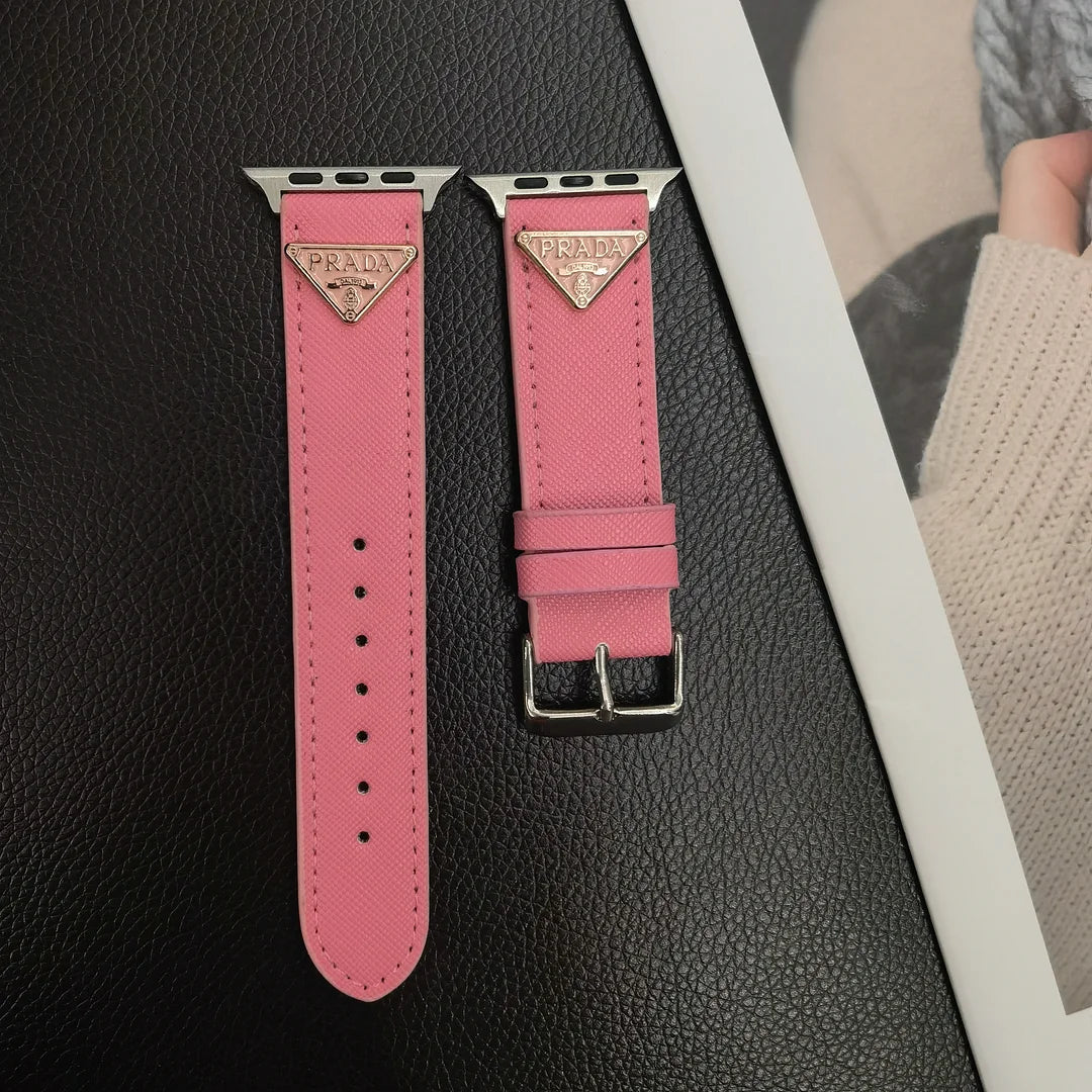Double Triangle Monogram Label Leather Apple Watch Band Roxy New