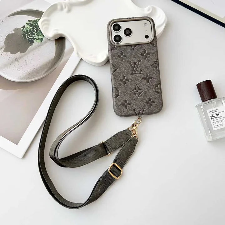 Elite Monogram Leather Case with Designer Crossbody Strap for iPhone 13-17 Series