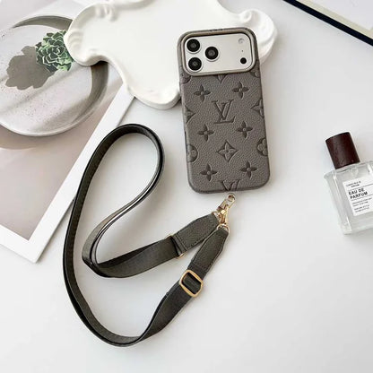 Elite Monogram Leather Case with Designer Crossbody Strap for iPhone 13-17 Series