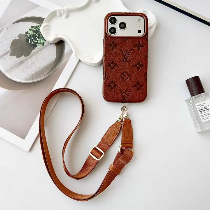 Elite Monogram Leather Case with Designer Crossbody Strap for iPhone 13-17 Series
