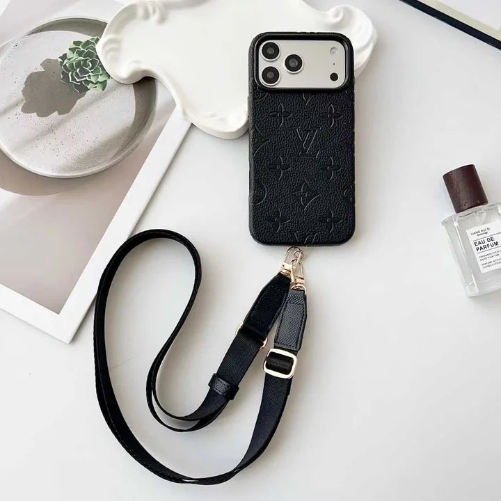Elite Monogram Leather Case with Designer Crossbody Strap for iPhone 13-17 Series