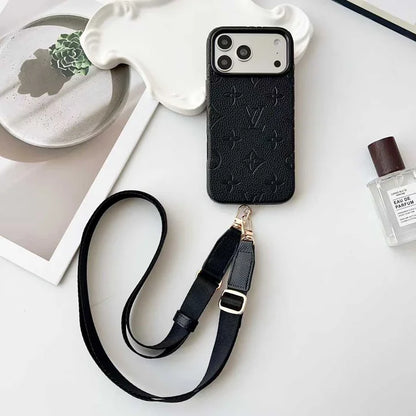 Elite Monogram Leather Case with Designer Crossbody Strap for iPhone 13-17 Series