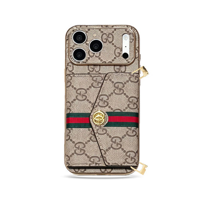 Elegant Leather GG iPhone Case With Card Wallet And Crossbody Strap