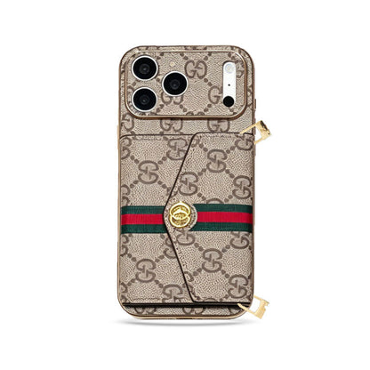 Elegant GG Leather Case with Card Wallet & Strap for iPhone 12-18 Pro & Pro Max