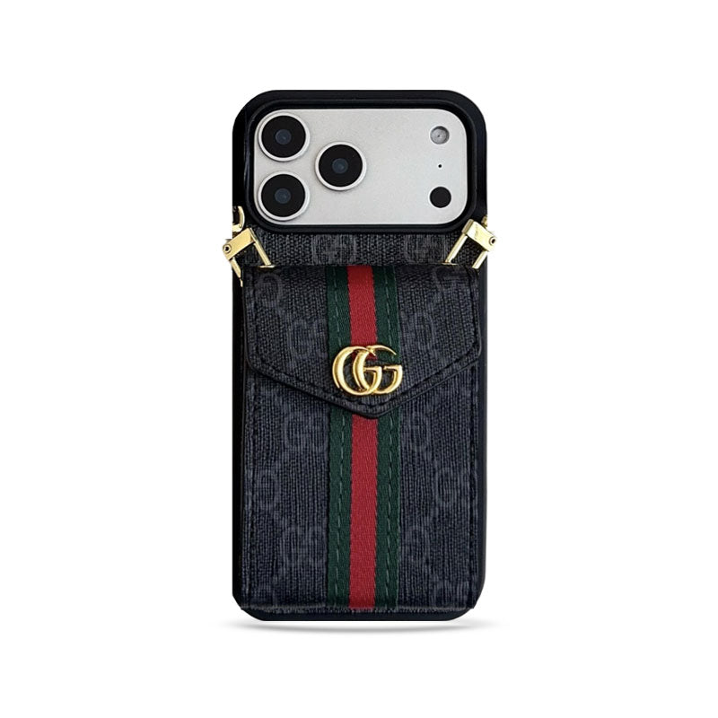 GG Classic Leather Card Holder Case with Strap for iPhone 12-18