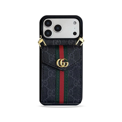GG Classic Leather Card Holder Case with Strap for iPhone 12-18