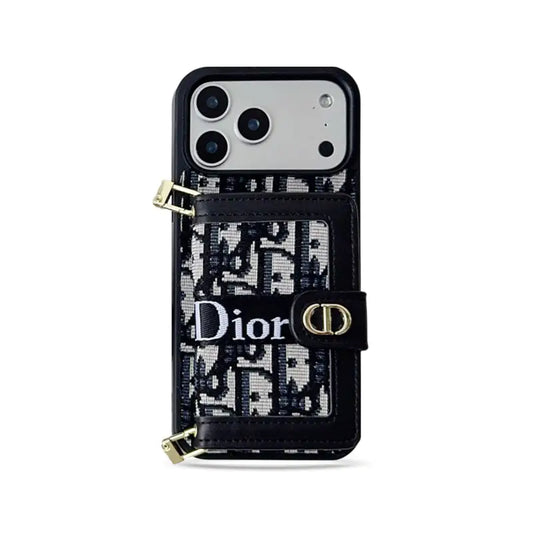 Dior Leather Phone Case with Card Wallet and Strap For iPhone12-18 Series