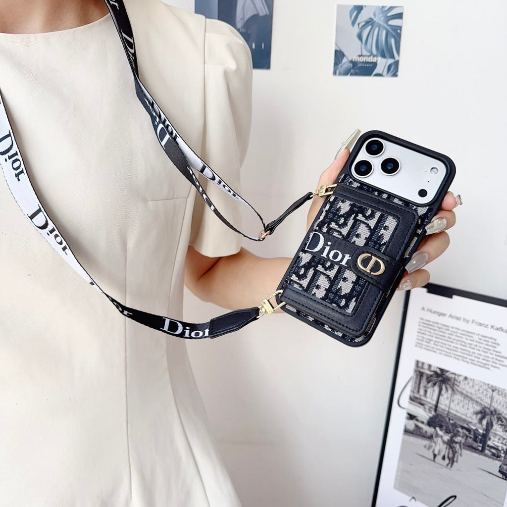 Dior Leather Phone Case With Card Wallet And Strap For iPhone 17 / 16 / 15 / 14