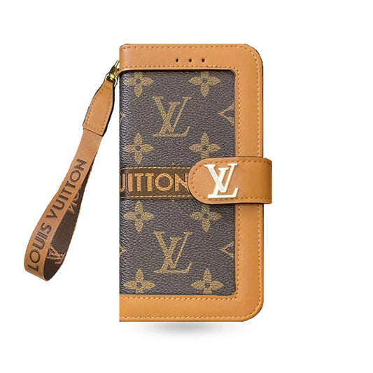Leather Flip Monogram iPhone Case With Card Holder And Strap For iPhone 12-18 Pro & Pro Max