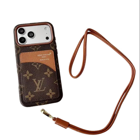 Luxury Monogram Cardholder Phone Case with Lanyard Strap For iPhone 13-18