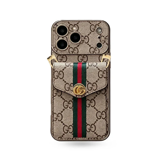 Luxury Classic GG iPhone Case with Card Holder and Strap For iPhone 12-18