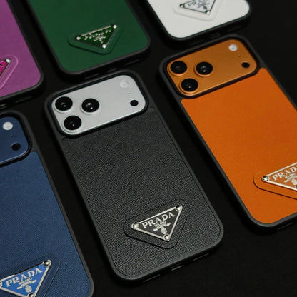 Premium Saffiano Leather Case with Metallic Badge for iPhone 12-18 Pro & Pro Max