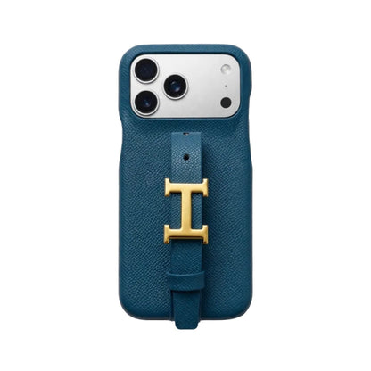 HRM Grain Leather Case with Gold H Buckle Strap for iPhone 13-18 Pro & Pro Max