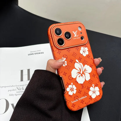 Orange Louis Vuitton Case Decorated with Beautiful Floral Patterns for iPhone 12-17 Series