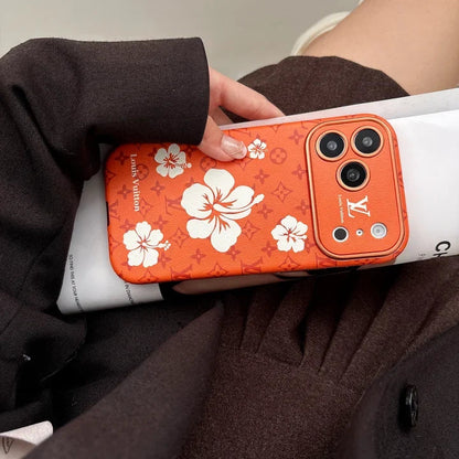 Orange Louis Vuitton Case Decorated with Beautiful Floral Patterns for iPhone 12-17 Series