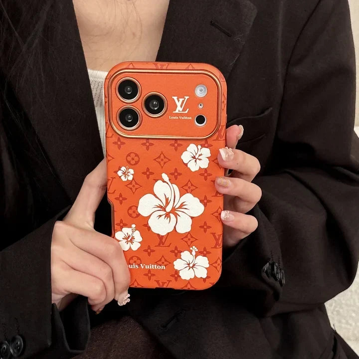 Orange Louis Vuitton Case Decorated with Beautiful Floral Patterns for iPhone 12-17 Series