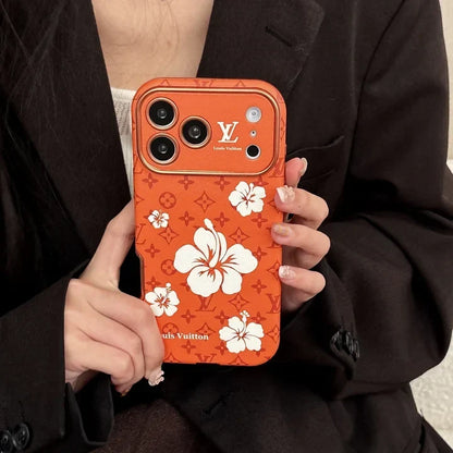 Orange Louis Vuitton Case Decorated with Beautiful Floral Patterns for iPhone 12-17 Series