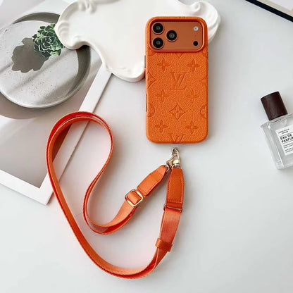 Elite Monogram Leather Case with Designer Crossbody Strap for iPhone 13-17 Series