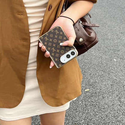 Premium Monogram Leather Folding Case with Gold Trim for iPhone Duo