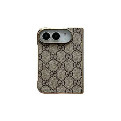 Premium Monogram Leather Folding Case with Gold Trim for iPhone Duo