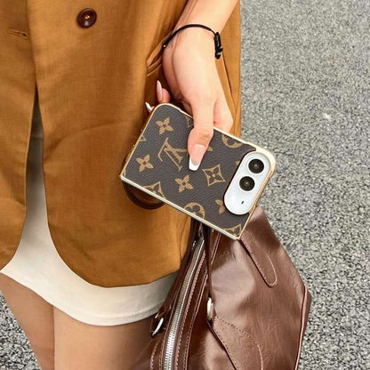 Premium Monogram Leather Folding Case with Gold Trim for iPhone Duo