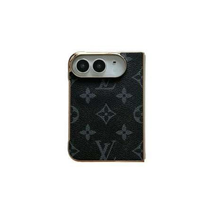 Premium Monogram Leather Folding Case with Gold Trim for iPhone Duo
