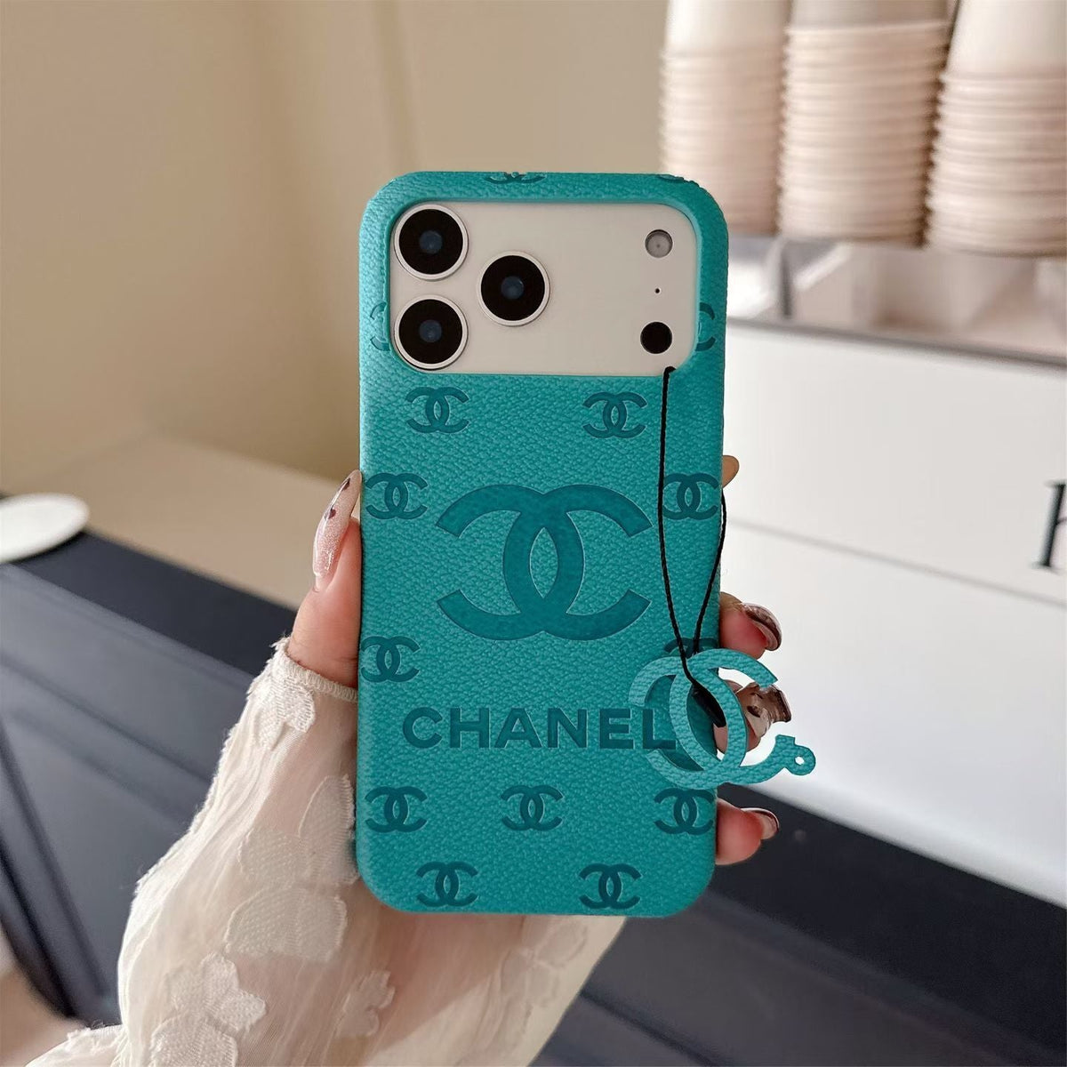 CHN Monogram Stamped Leather Case with CC Ring Charm
