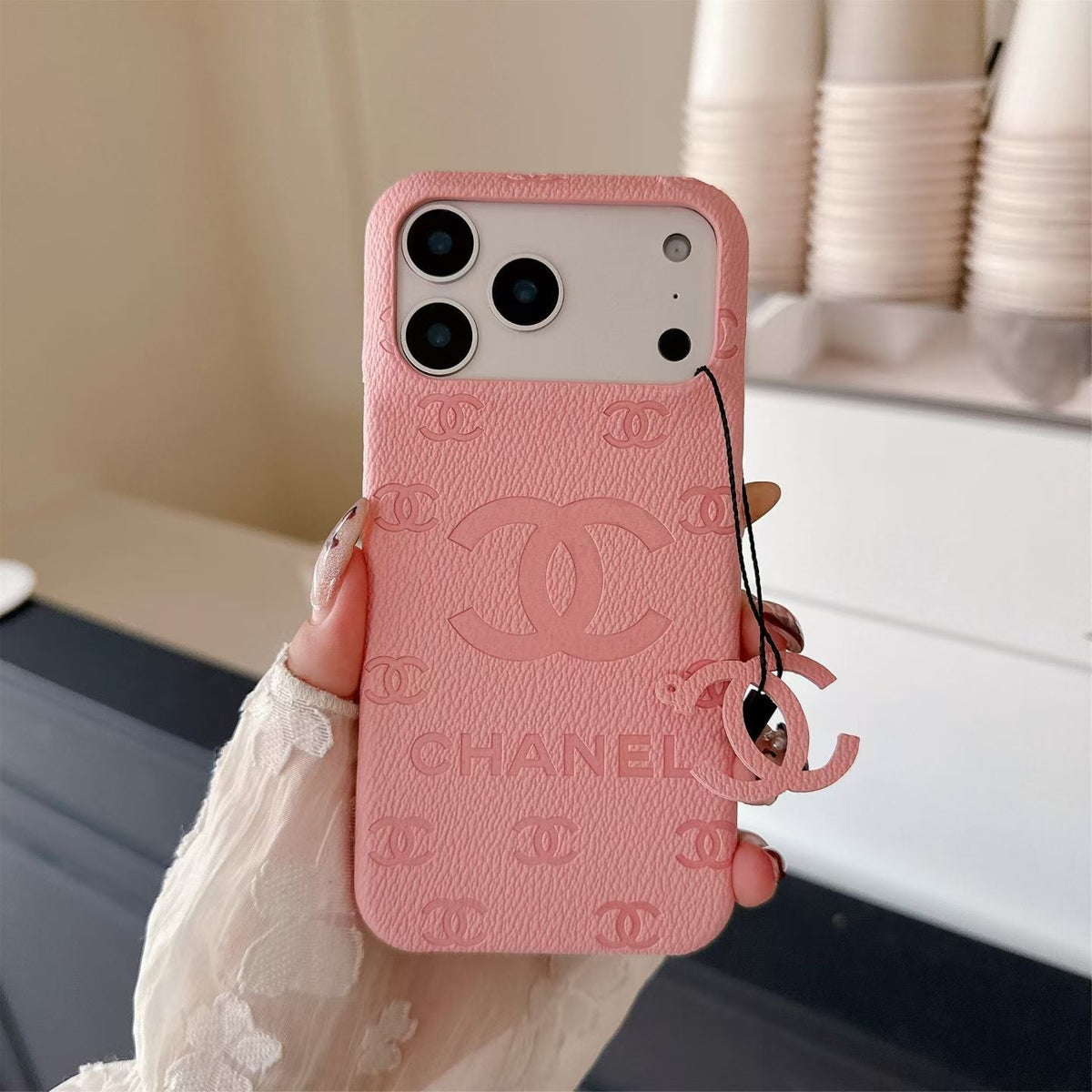 CHN Monogram Stamped Leather Case with CC Ring Charm