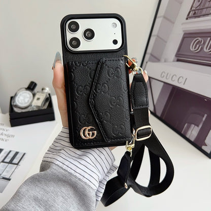 Luxury Plain Leather Crossbody Wallet Case For iPhone 12-17