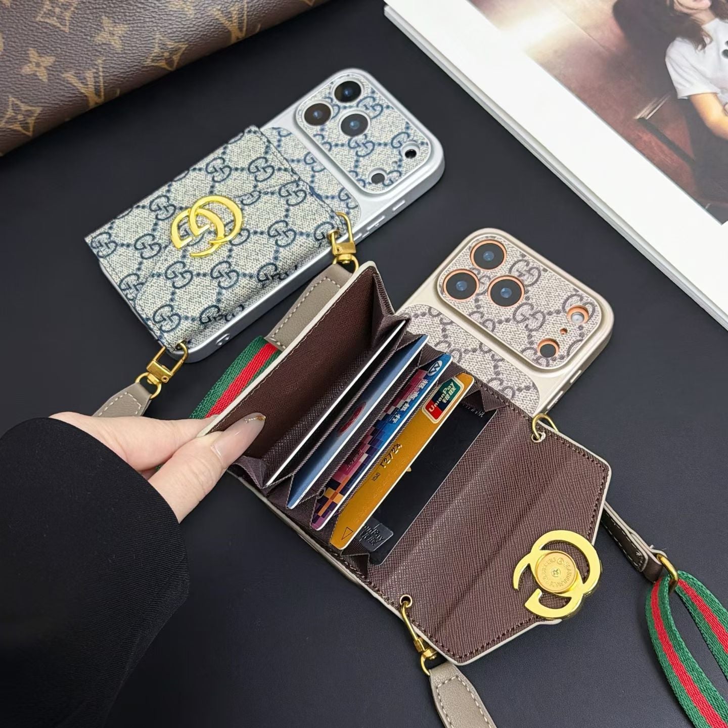 Luxury GG Supreme Monogram Wallet iPhone Case with Crossbody Lanyard Strap
