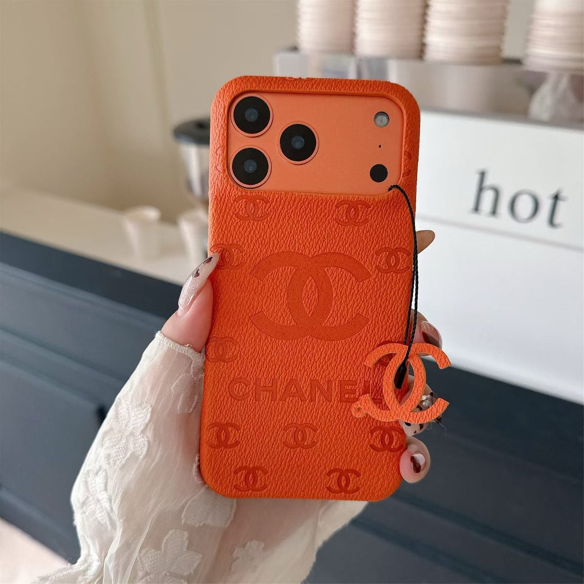 CHN Monogram Stamped Leather Case with CC Ring Charm