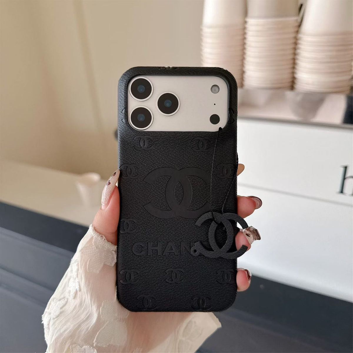 CHN Monogram Stamped Leather Case with CC Ring Charm