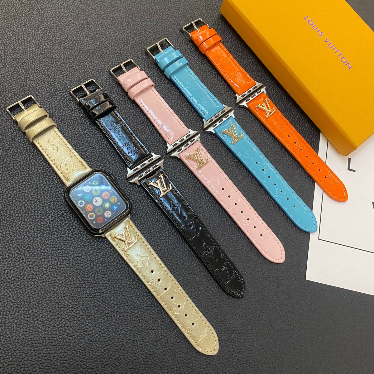 GLOSSY LEATHER APPLE WATCH STRAP LUXURY METAL LOGO Roxy New 2