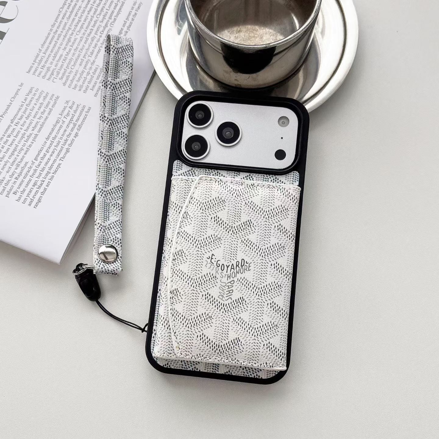 Luxury GYD Pattern Tri-Fold Wallet Phone Case with Matching Wristlet Strap