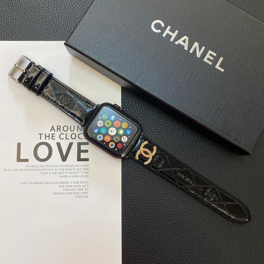 Glossy Leather Apple Watch Strap Luxury Metal Logo Roxy New 2