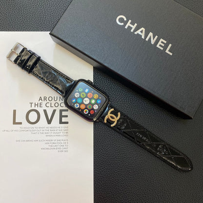 Glossy Leather Apple Watch Strap Luxury Metal Logo Roxy New 2